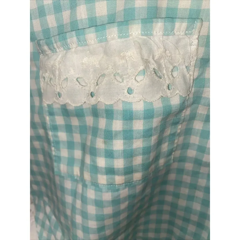 Vintage Handmade Green & White Gingham Apron w/Eyelet Lace Trim Pocket One Size